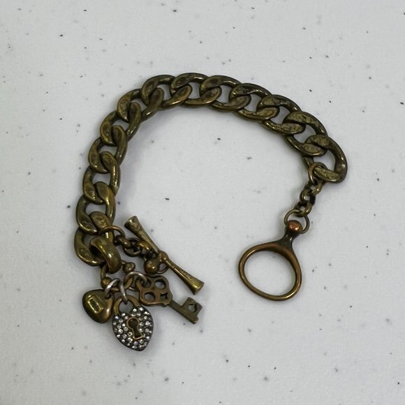 Fossil‎ Chain Bracelet Gold Tone Rhinestone Lock Key 7 Inch Charm Thick Cuban - Picture 1 of 7